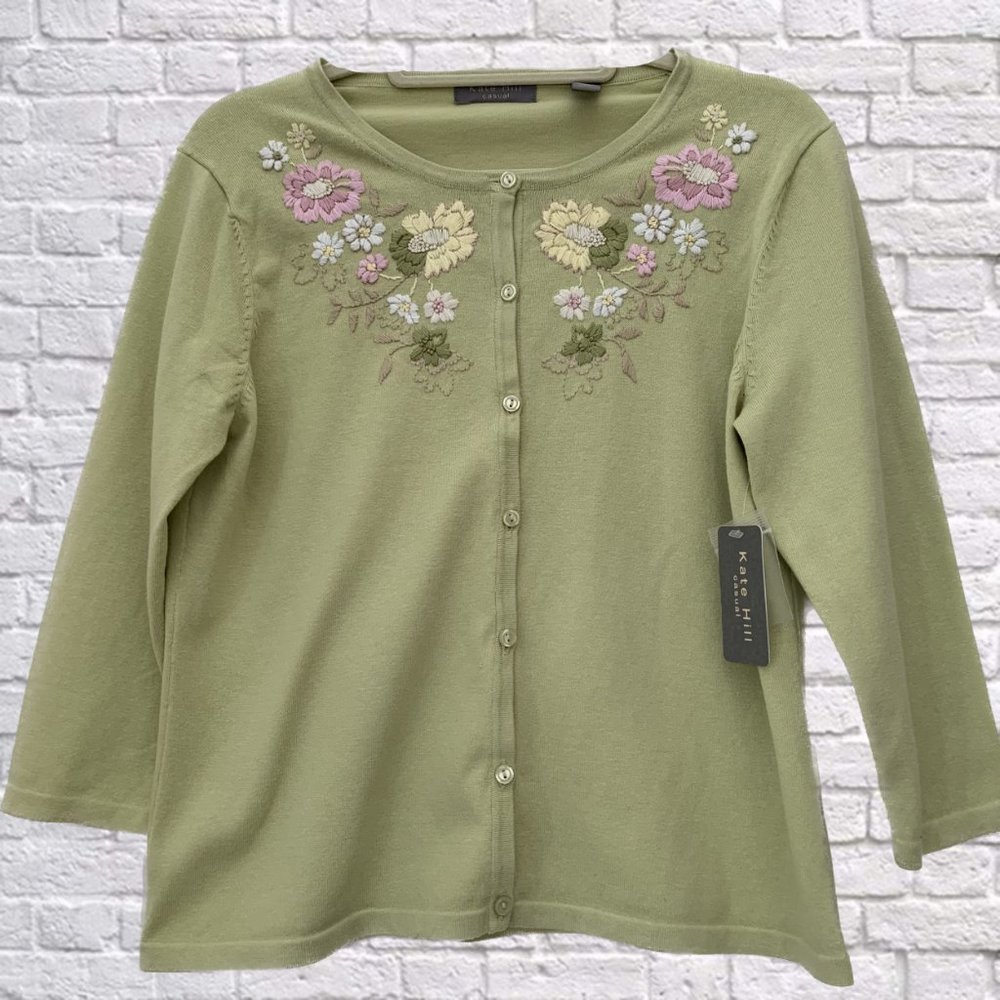 NWT 🌸 Kate Hill Floral Embroidered Sweater Button Cardigan Womens Large Green